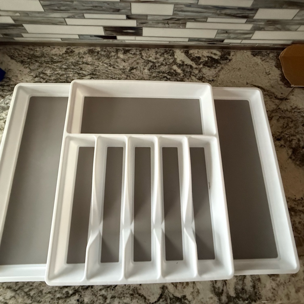 White or black Plastic Flatware and Utensil Drawer Organizer Set - Gray Inserts